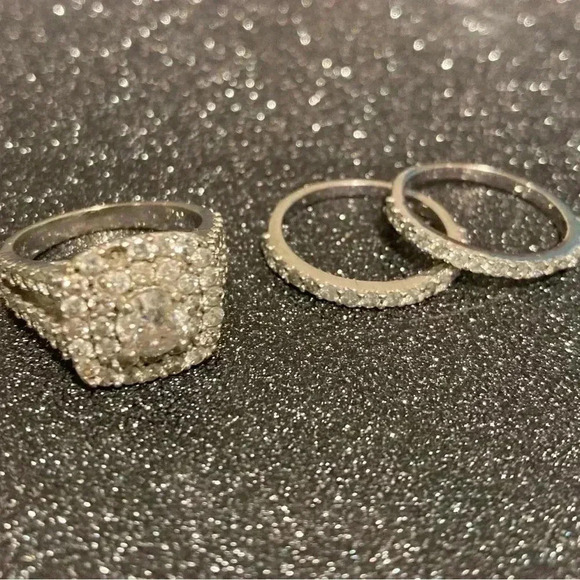 3ct. Halo Cushion Diamond Engagement Wedding Ring Set 10k White Gold (3 pcs.) - Picture 4 of 15